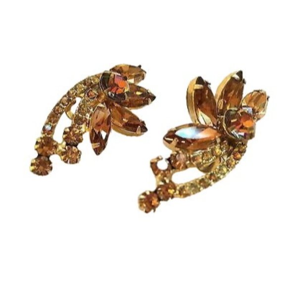 Stunning Topaz Crystals Clip On Earrings Lovely Vintage Costume Jewelry - Picture 2 of 8